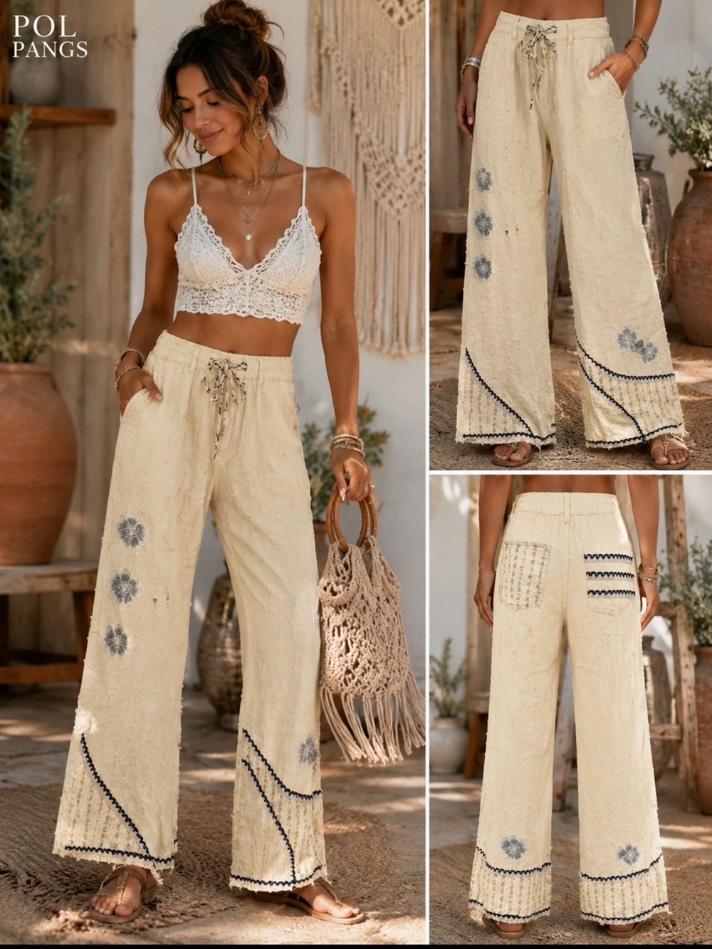 POL Floral Patchwork Denim Wide Leg Pants Boho Embroidered-Cottagecore NWOT